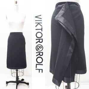 Viktor & Rolf Women's Black Tuxedo Drape Pencil Skirt Satin Trim